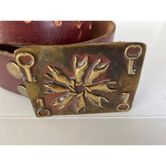 Vtg 1973 Handmade In Tlaquepaque Mexico Metal Belt Buckle & Leather Belt 42 - Picture 2 of 7